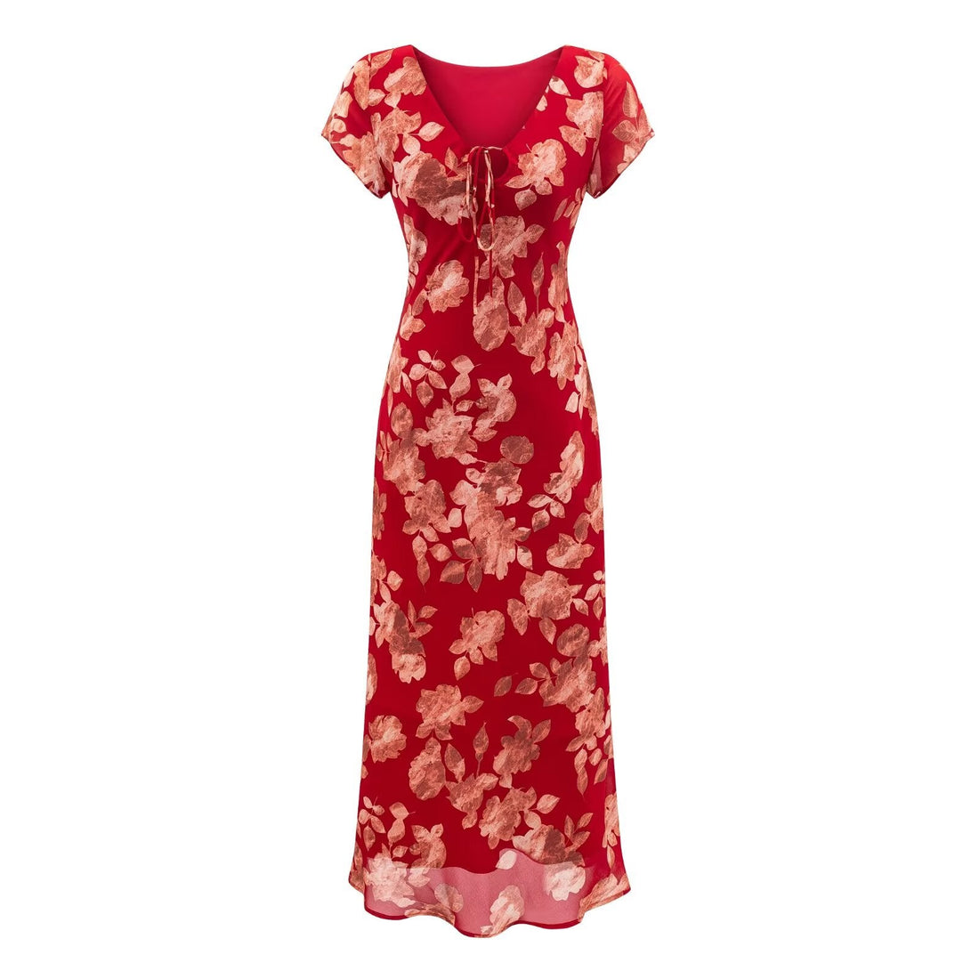 Early Spring Red Bottom Printed Drawstring V neck Short Sleeve Holiday Casual Dress