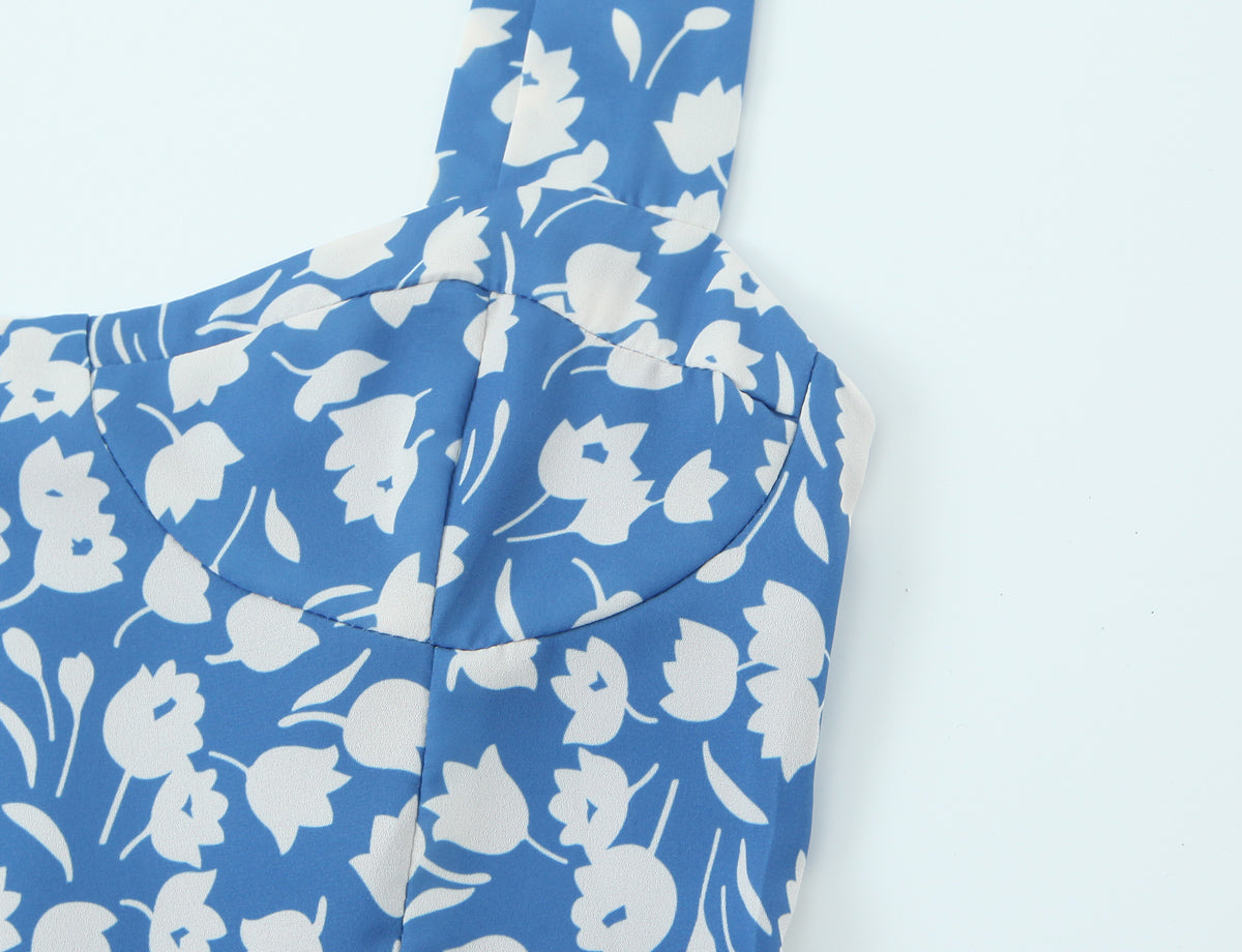 Women Summer Pastoral Printed Mini Dress A line Short Skirt Lace up Slim Chiffon Cami Dress by Ragazza
