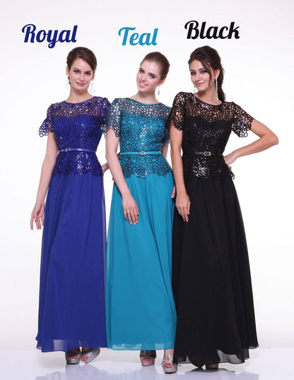 CLEARANCE - Cinderella Divine 1489 A-Line Lace Bodice Gown Short Sleeve (Size 2XL) by DiscountDressShop