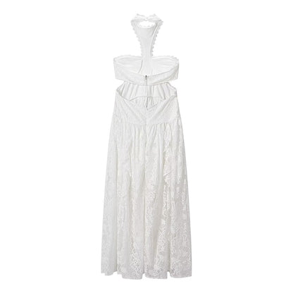 Lace Embroidered Silk Lace Tulle Backless French Halter Dress Women Summer Vacation Lightweight Dress by Ragazza