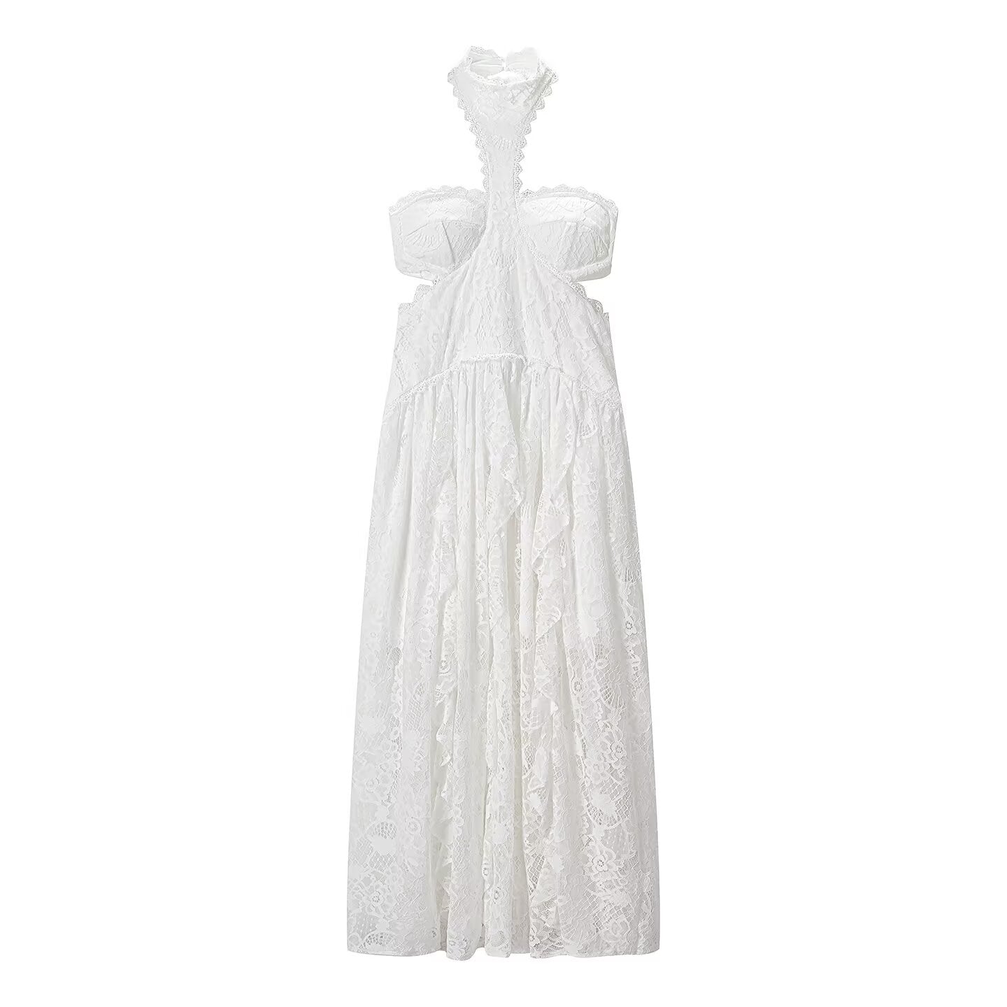 Lace Embroidered Silk Lace Tulle Backless French Halter Dress Women Summer Vacation Lightweight Dress by Ragazza