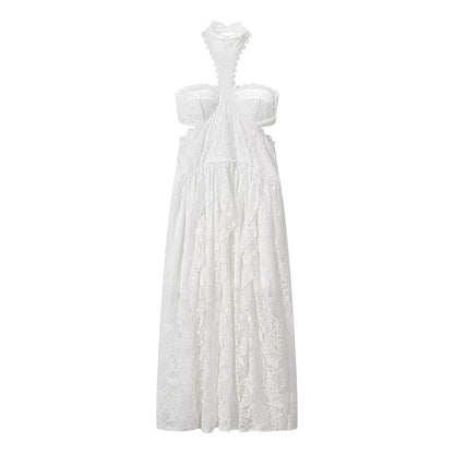 Lace Embroidered Silk Lace Tulle Backless French Halter Dress Women Summer Vacation Lightweight Dress by Ragazza