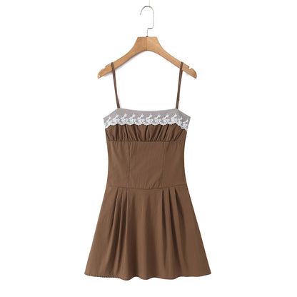 French Minority Sweet Beauty Blogger Embroidered Lace Stitching Lace up Waist Controlled Slimming A line Slip Dress by Ragazza