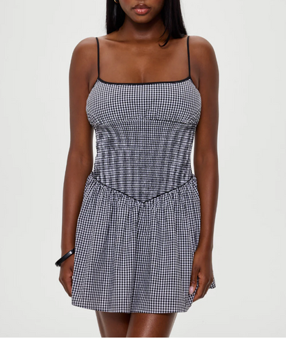 French Minority Black White Plaid Slim Fit Slimming Spaghetti Straps Dress Women Summer Small A line Dress by Ragazza