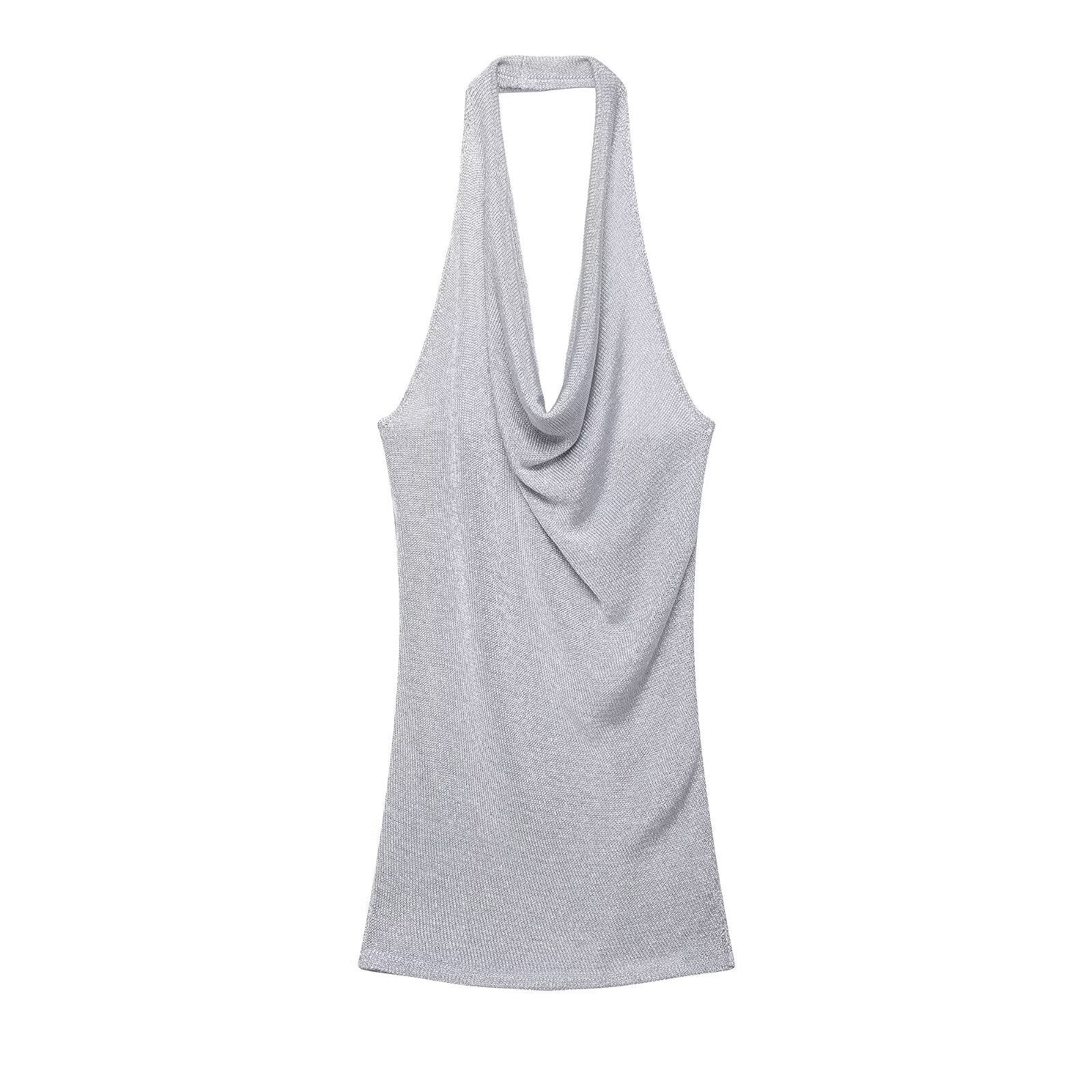 Simple Elegant Metal Color Thread Knitted Hanging Collar Dress by Ragazza