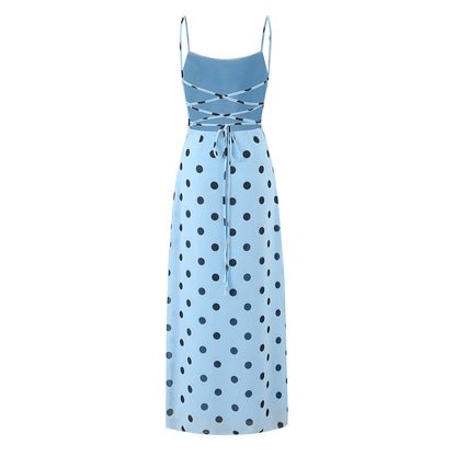 Gentle Elegant Pink Polka Dot Brace Dress Women Vintage Backless Lace up Design Tight Waist Maxi Dress by Ragazza