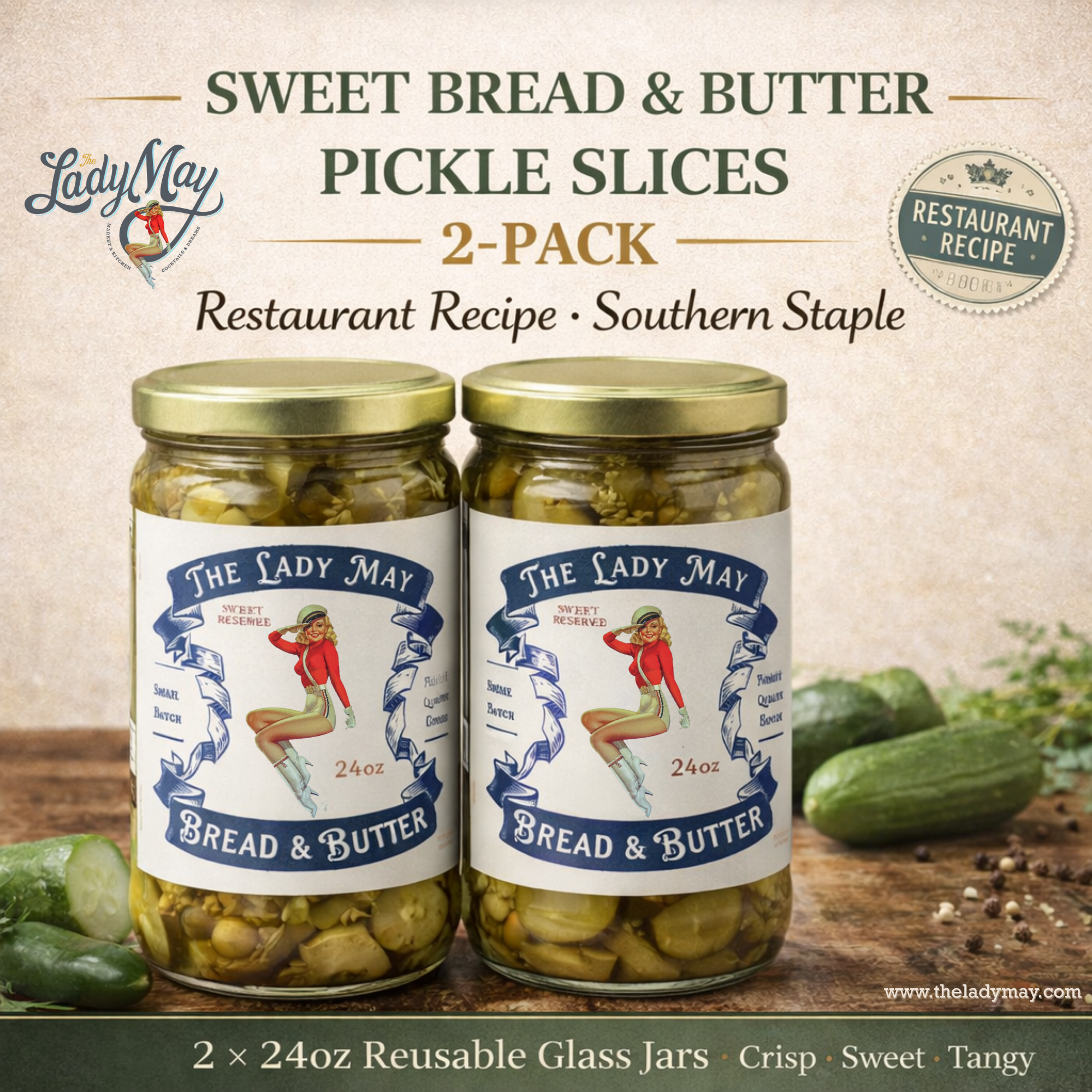 Lady May’s Bread &amp; Butter Sweet Pickles – 2 Pack (24oz Jars) – Small Batch Southern Style Sweet &amp; Tangy Kirby Cucumber Slices – Restaurant Recipe, Crisp &amp; Crunchy – Organic Ingredients by The Lady May