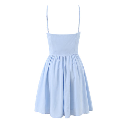 Summer Women Clothing French Elegant Sweet V neck Fitted Waist Pleated Design Solid Color Strap Dress by Ragazza