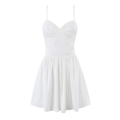 Summer Women Clothing French Elegant Sweet V neck Fitted Waist Pleated Design Solid Color Strap Dress by Ragazza