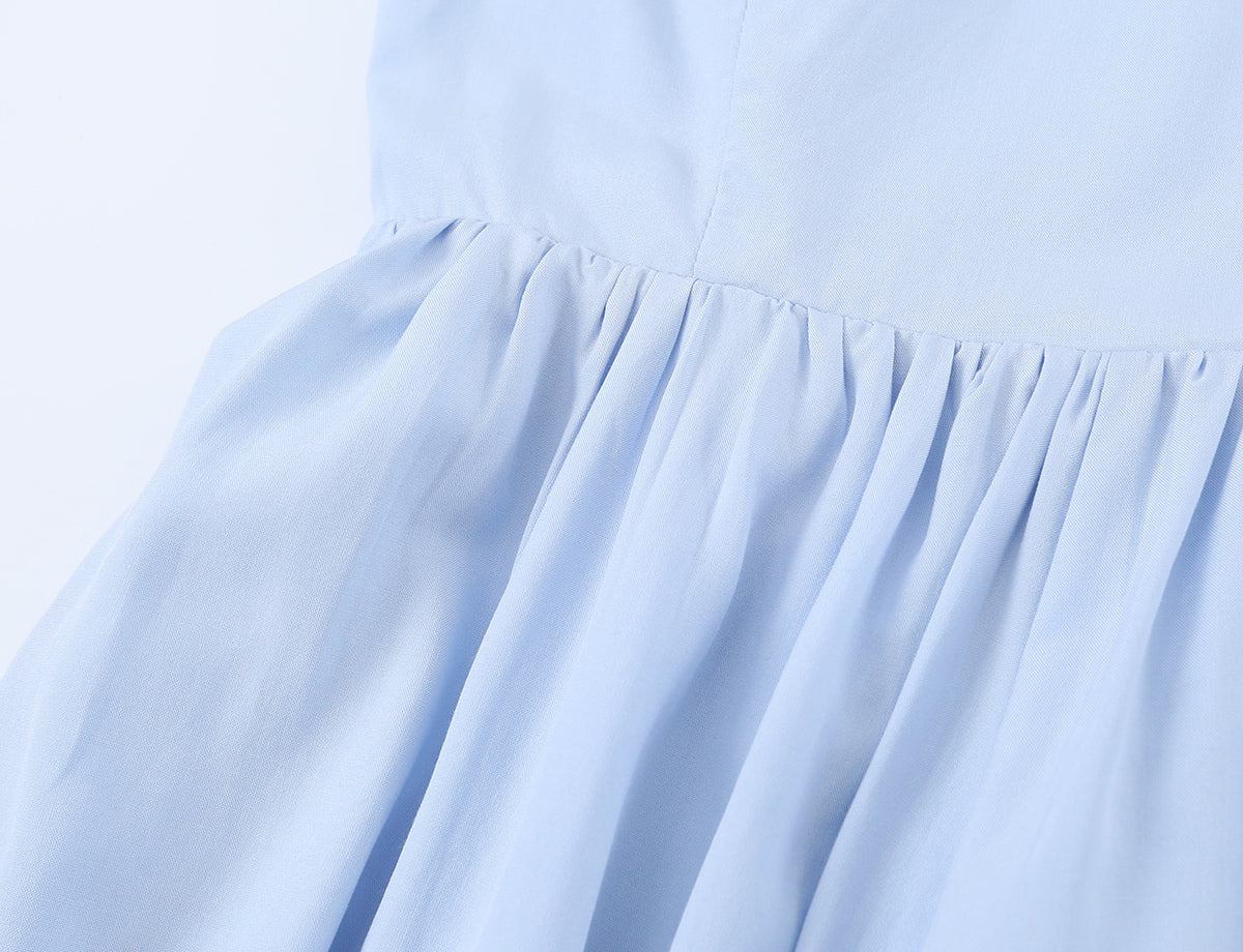Summer Women Clothing French Elegant Sweet V neck Fitted Waist Pleated Design Solid Color Strap Dress by Ragazza