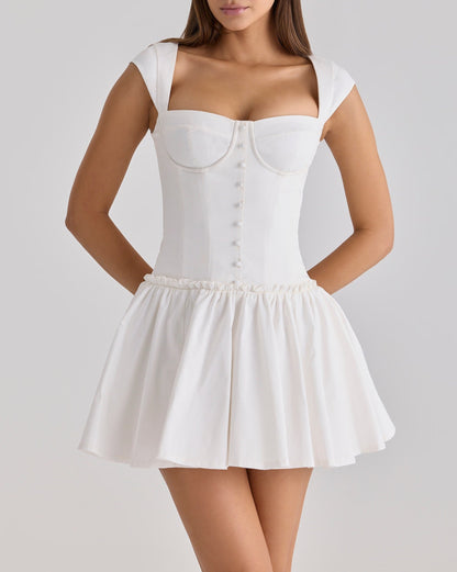 Sweet Romantic Gentle First Love Slim White Dress Design Square Neck Cinched Pettiskirt Dress by Ragazza