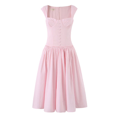 French Sweet Pink Boning Corset Strap Dress Cocktail Formal Mid Length Dress Women Summer by Ragazza