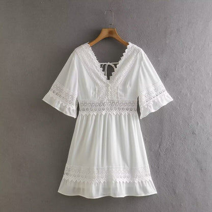 Summer Slimming Hollow Out Cutout out Stitching Bell Sleeve Short Dress by Ragazza