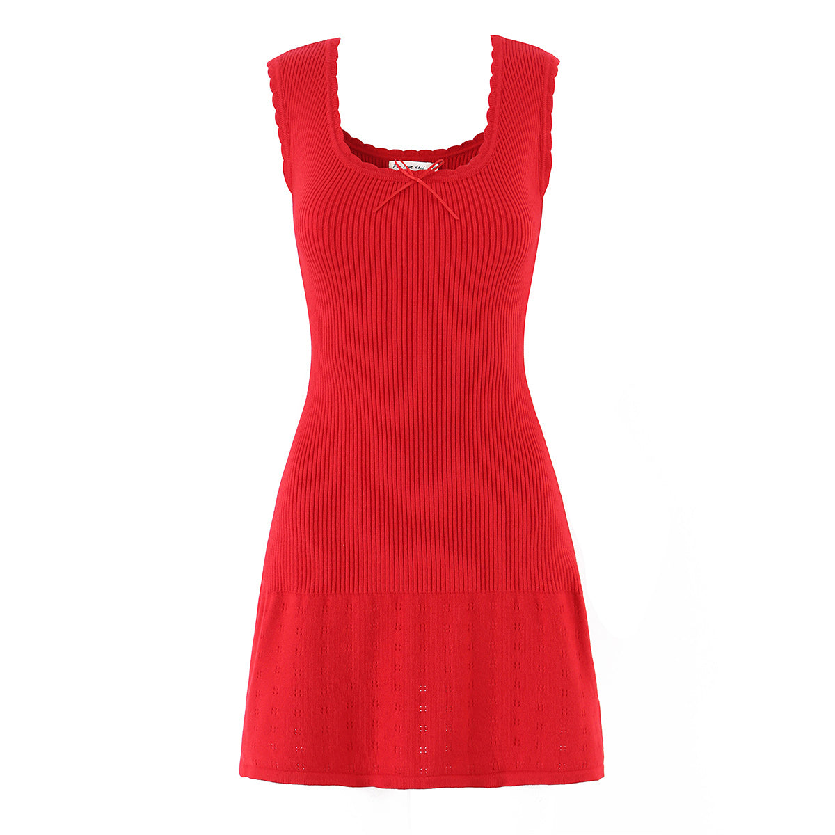 Summer Women French Sexy Bowknot Decoration Wave Edge Slim Stretch Knitted Solid Color Dress by Ragazza