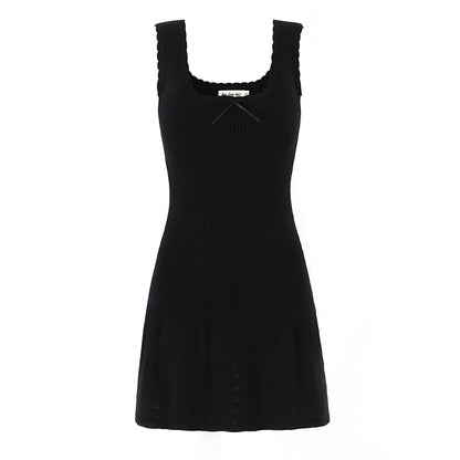 Summer Women French Sexy Bowknot Decoration Wave Edge Slim Stretch Knitted Solid Color Dress by Ragazza