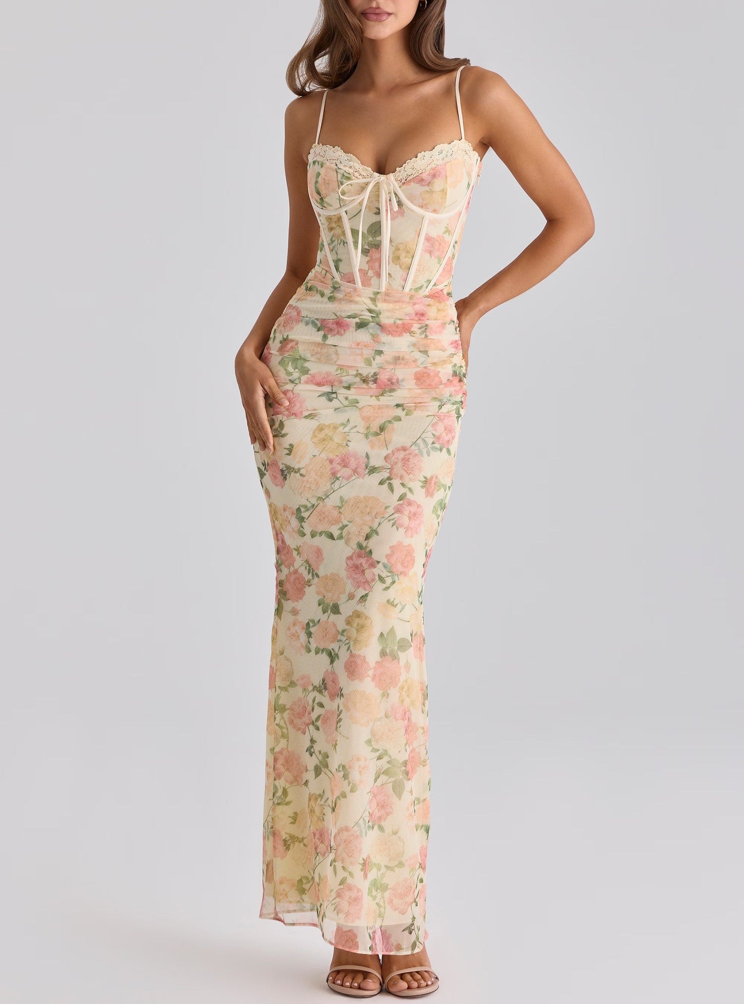 Women Clothing Summer Exquisite Charming Peach Color Boning Corset Waist Maxi Dress by Ragazza