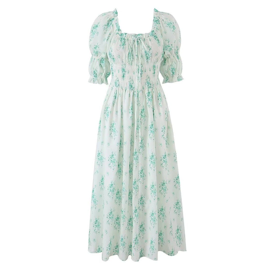 Summer Small Floral Drawstring Lace Scoop Smocking Tight Waist Dress by Ragazza