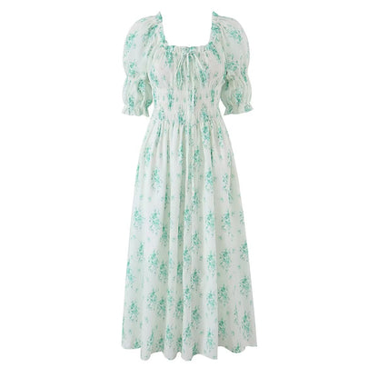 Summer Small Floral Drawstring Lace Scoop Smocking Tight Waist Dress by Ragazza