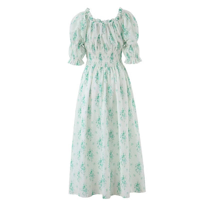 Summer Small Floral Drawstring Lace Scoop Smocking Tight Waist Dress by Ragazza