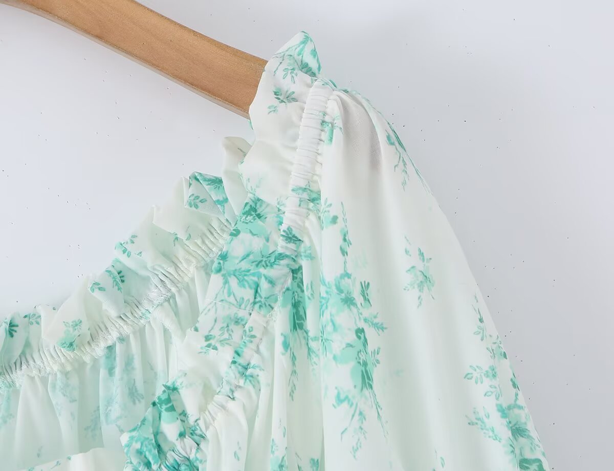 Summer Small Floral Drawstring Lace Scoop Smocking Tight Waist Dress by Ragazza