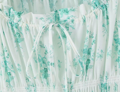 Summer Small Floral Drawstring Lace Scoop Smocking Tight Waist Dress by Ragazza