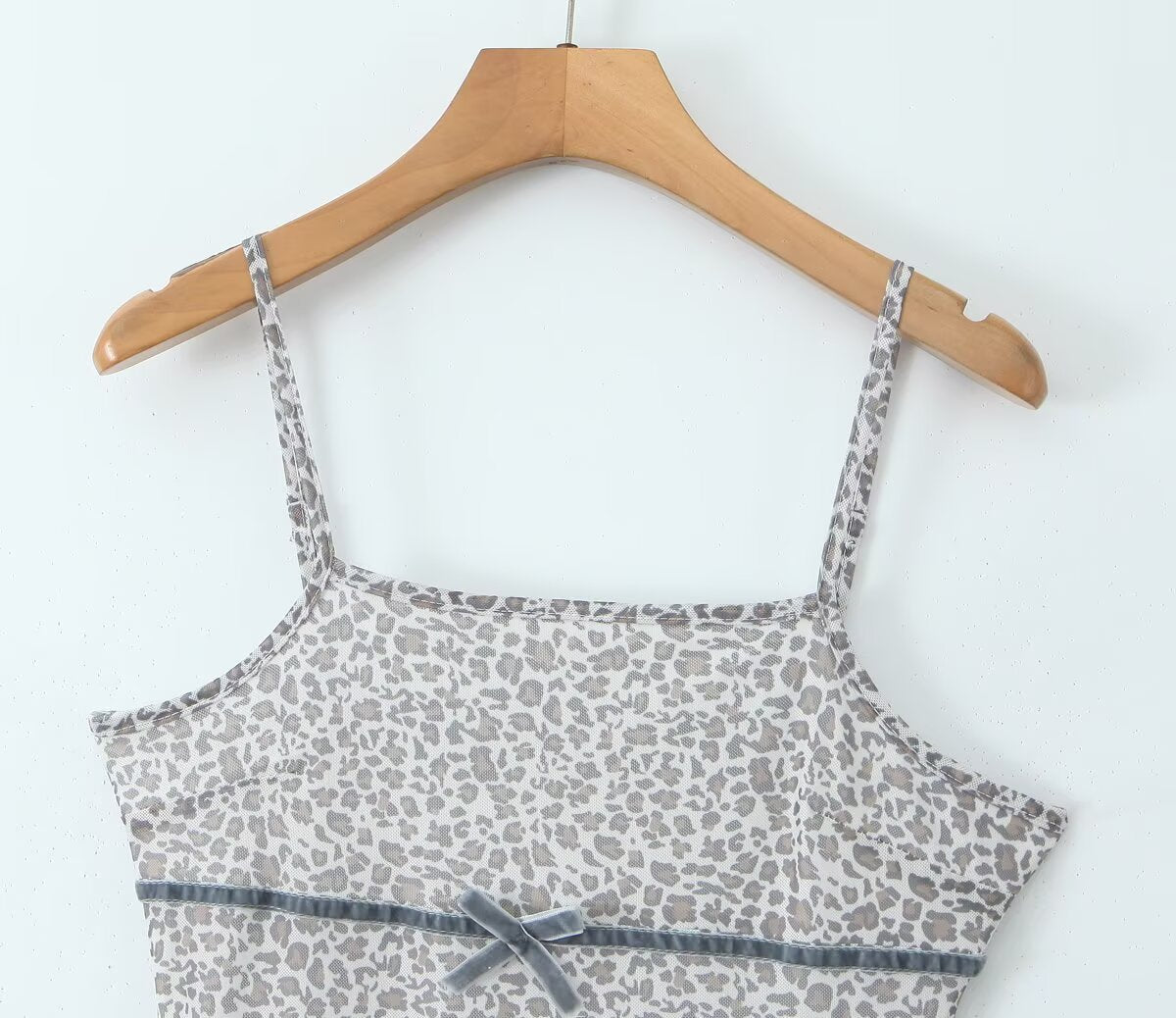 Spring Women French Leopard Bow Mesh Square Collar Suspenders Short Dress by Ragazza