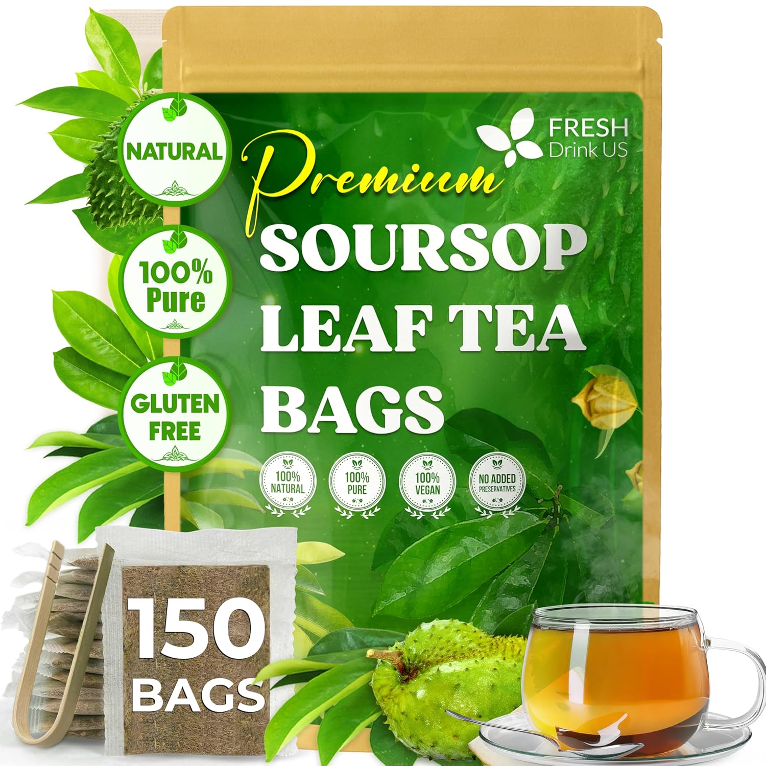 40 Premium Soursop Graviola Leaf Tea Bags, 100% Natural and Pure from Soursop Leaves, Handmade, Made With Natural Materials-Corn Fiber Tea Bag, Sugar/Caffeine/Gluten Free, Hoja Guanabana Tea by FreshDrinkUS - Natural and Premium Herbal Tea