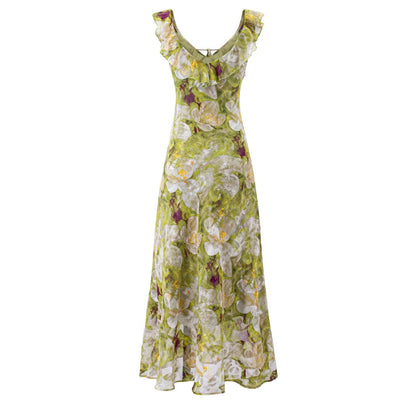 Summer Vintage Fresh Romantic Seaside Vacation Flounced Hem Floral Maxi Dress Slim Fit Dress by Ragazza