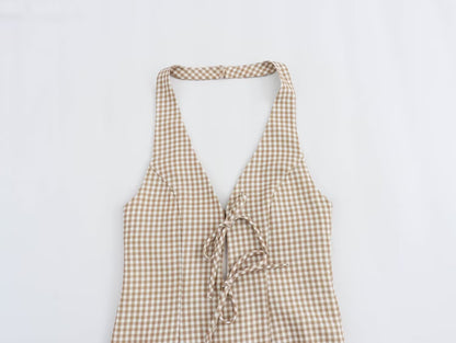 Women Clothing Summer French All Match Retro Spaghetti Straps Small Plaid Dress by Ragazza