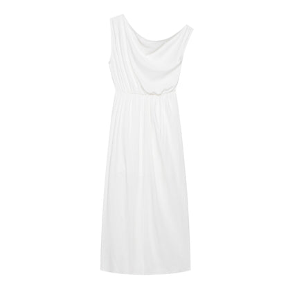 Women Slanted Shoulder One Shoulder Sleeveless Waist Cinching Long Dress by Ragazza