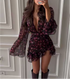 Spring Chiffon Dress Deep V Plunge neck Floral Printed Ruffles Long Sleeve Short Dress by Ragazza
