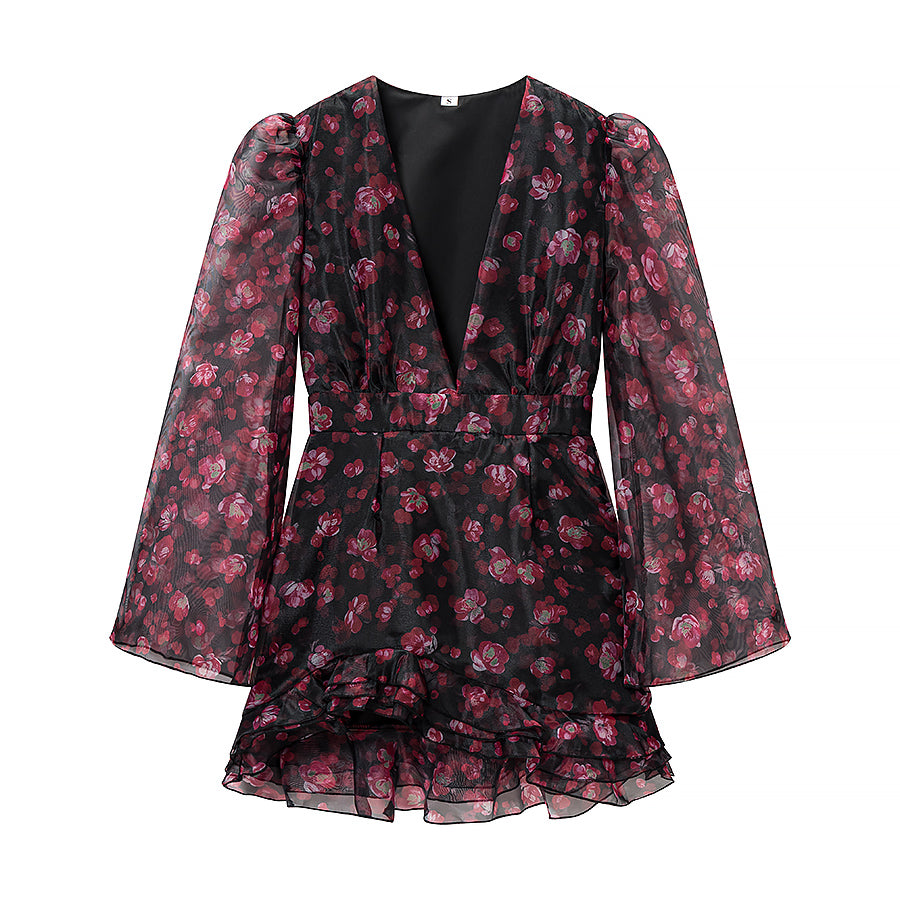 Spring Chiffon Dress Deep V Plunge neck Floral Printed Ruffles Long Sleeve Short Dress by Ragazza