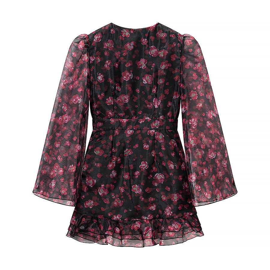 Spring Chiffon Dress Deep V Plunge neck Floral Printed Ruffles Long Sleeve Short Dress by Ragazza