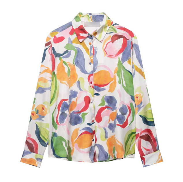 Women Clothing Summer Casual Floral Printed Silk Satin Texture Shirt by Ragazza