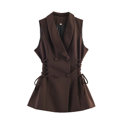 Women Clothing Summer Retro Bandage Waist Slimming Double Breasted Vest Jacket by Ragazza
