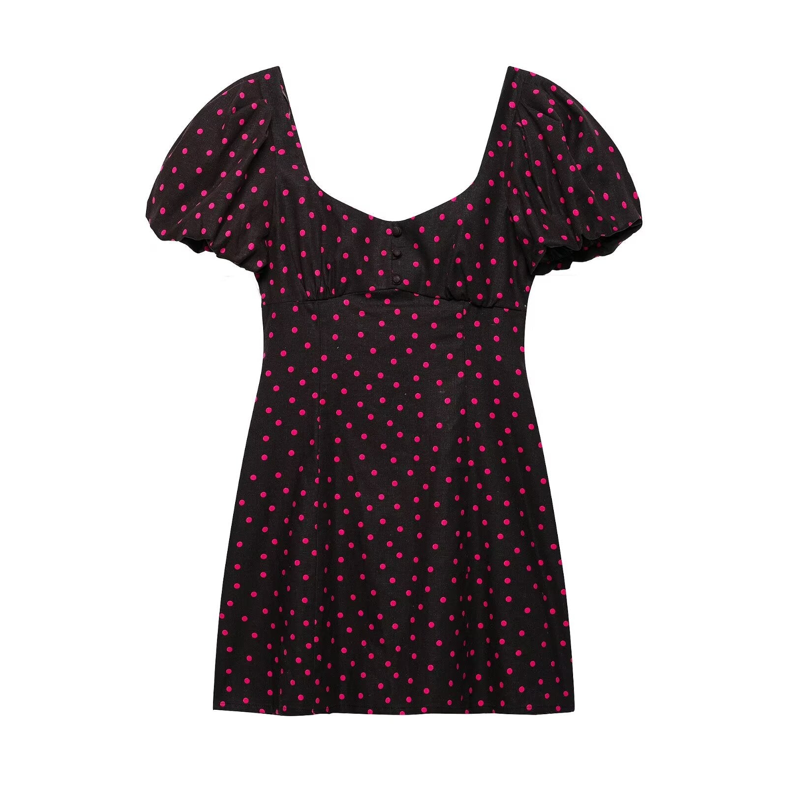 Summer French Retro Dots Puff Sleeve Square Neck Cinched Slimming Dress by Ragazza