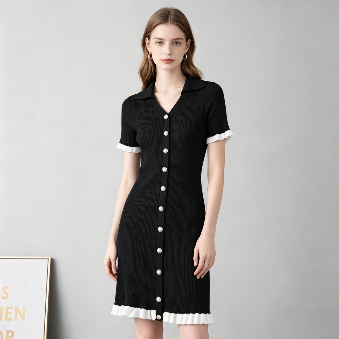 Women V Neck Fitted And Slimming Single Button Patchwork Short Sleeved Knitted Halter Neck Dress by Ragazza