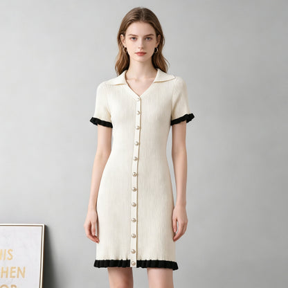 Women V Neck Fitted And Slimming Single Button Patchwork Short Sleeved Knitted Halter Neck Dress by Ragazza