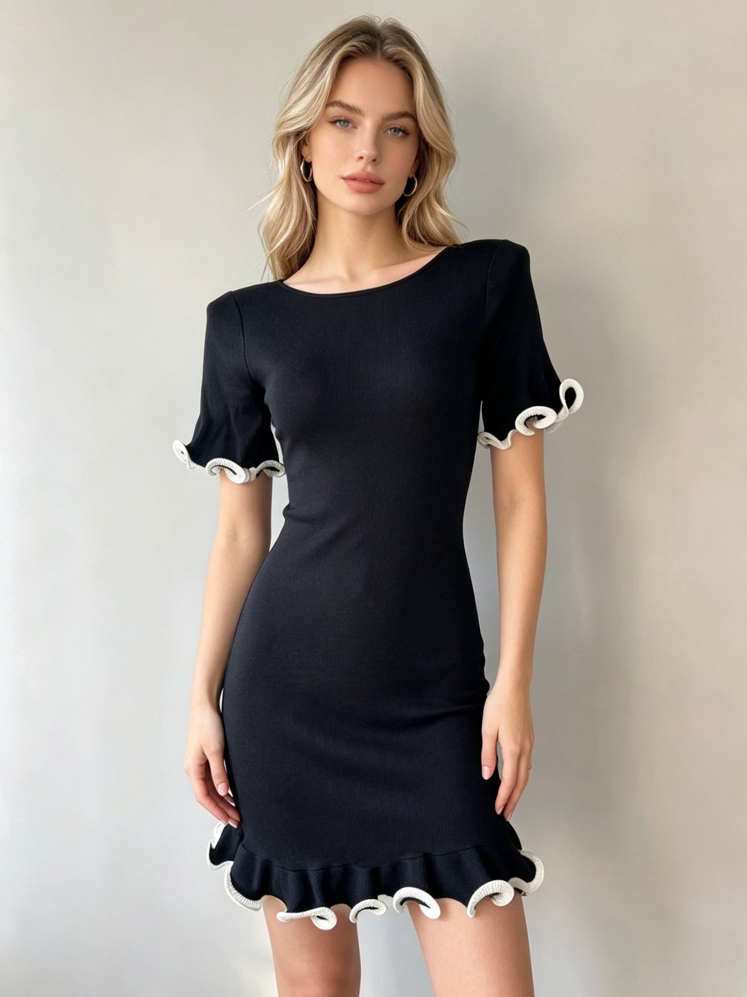 Women Short Dress With Ruffled Hem Short Sleeved Rolled Edge Fitted Knitted Dress by Ragazza
