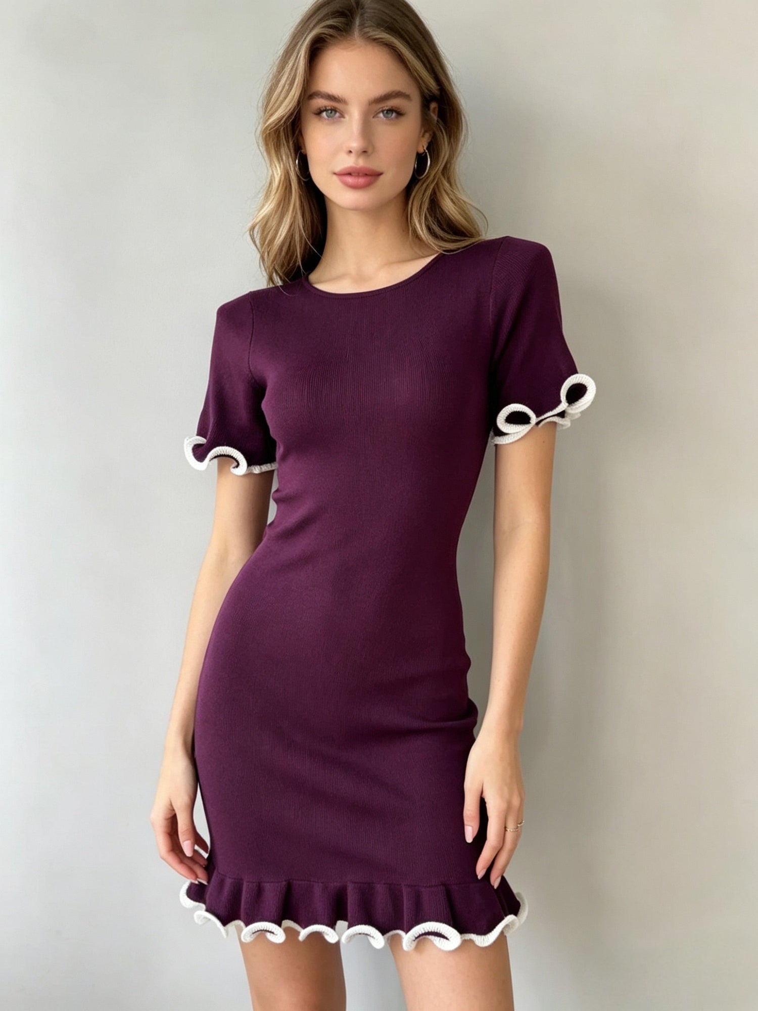 Women Short Dress With Ruffled Hem Short Sleeved Rolled Edge Fitted Knitted Dress by Ragazza
