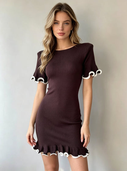 Women Short Dress With Ruffled Hem Short Sleeved Rolled Edge Fitted Knitted Dress by Ragazza
