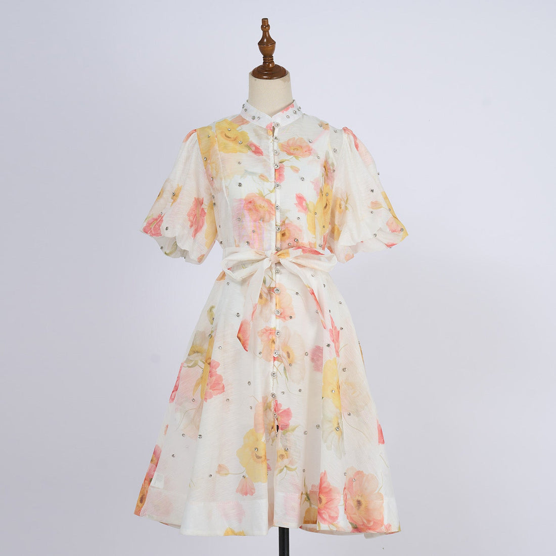 Women Summer Autumn Printed V Neck Puff Sleeved Tie Waist Wide Leg Umbrella Dress by Ragazza