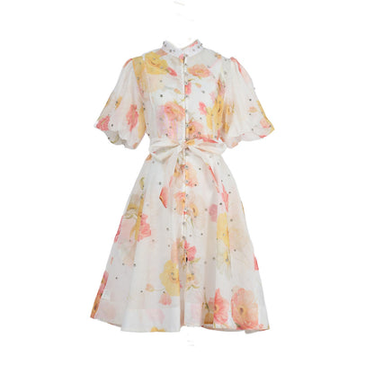 Women Summer Autumn Printed V Neck Puff Sleeved Tie Waist Wide Leg Umbrella Dress by Ragazza