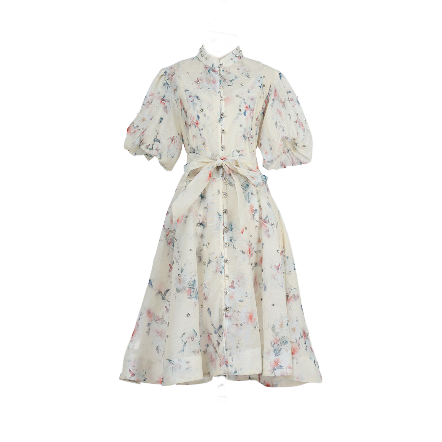 Women Summer Autumn Printed V Neck Puff Sleeved Tie Waist Wide Leg Umbrella Dress by Ragazza