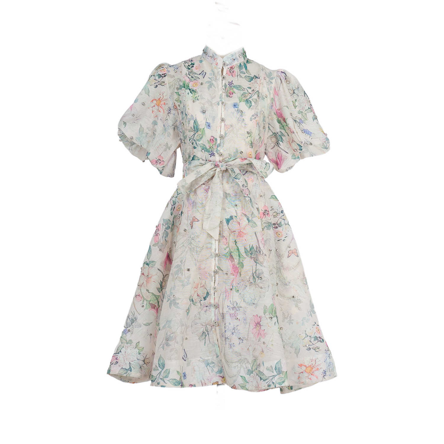 Women Summer Autumn Printed V Neck Puff Sleeved Tie Waist Wide Leg Umbrella Dress by Ragazza