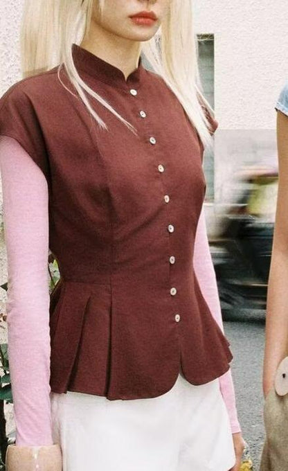 Spring Autumn Graceful Fashionable Women Sleeveless Turtleneck Short Hem Pleated Top by Ragazza