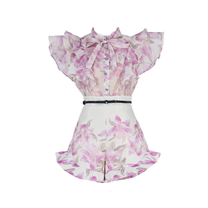 Women Court Style V Necked Frilled Hemline Diamond Buttoned Sleeveless Short Skirt Two Piece Sets by Ragazza