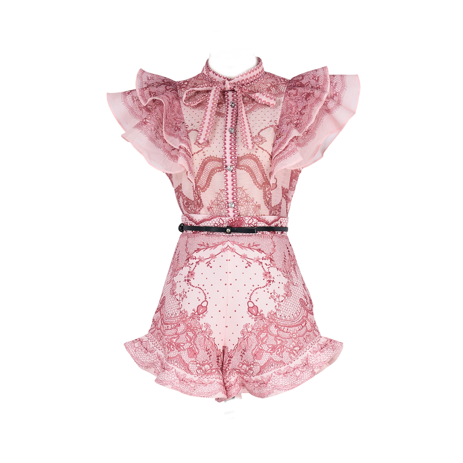 Women Court Style V Necked Frilled Hemline Diamond Buttoned Sleeveless Short Skirt Two Piece Sets by Ragazza