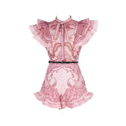 Women Court Style V Necked Frilled Hemline Diamond Buttoned Sleeveless Short Skirt Two Piece Sets by Ragazza