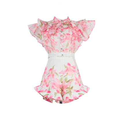 Women Court Style V Necked Frilled Hemline Diamond Buttoned Sleeveless Short Skirt Two Piece Sets by Ragazza
